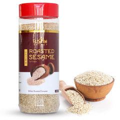 Fusion Select Roasted White Sesame Seeds packaging for pantry-ready flavor and easy cooking