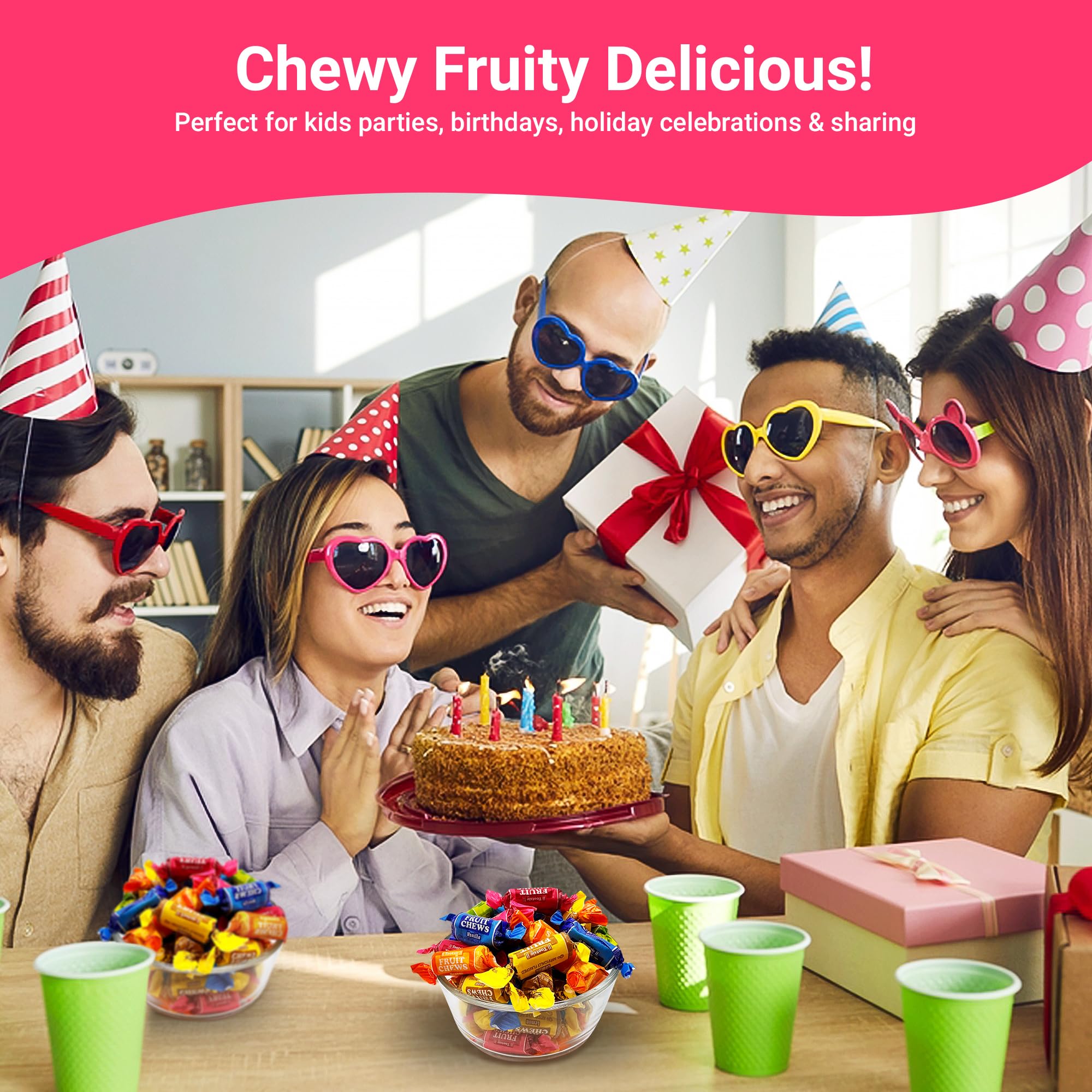 Fusion Sweets Fruit Chews roll packaging highlights freshness and value.
