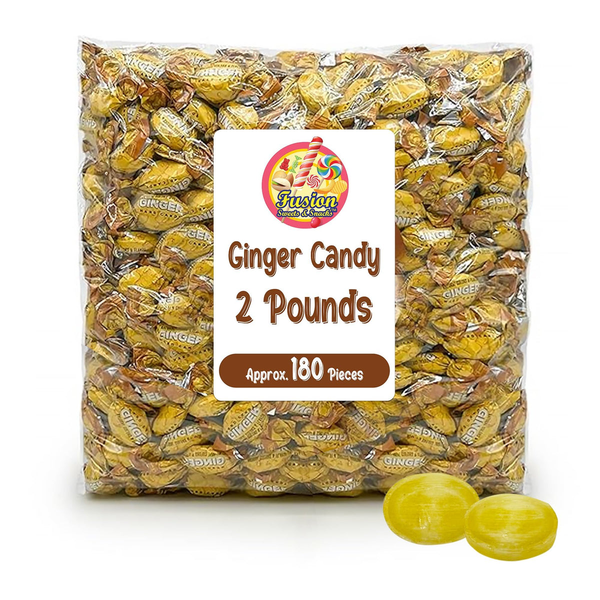 Fusion Sweets Ginger Candy bag front, travel-friendly ginger flavor