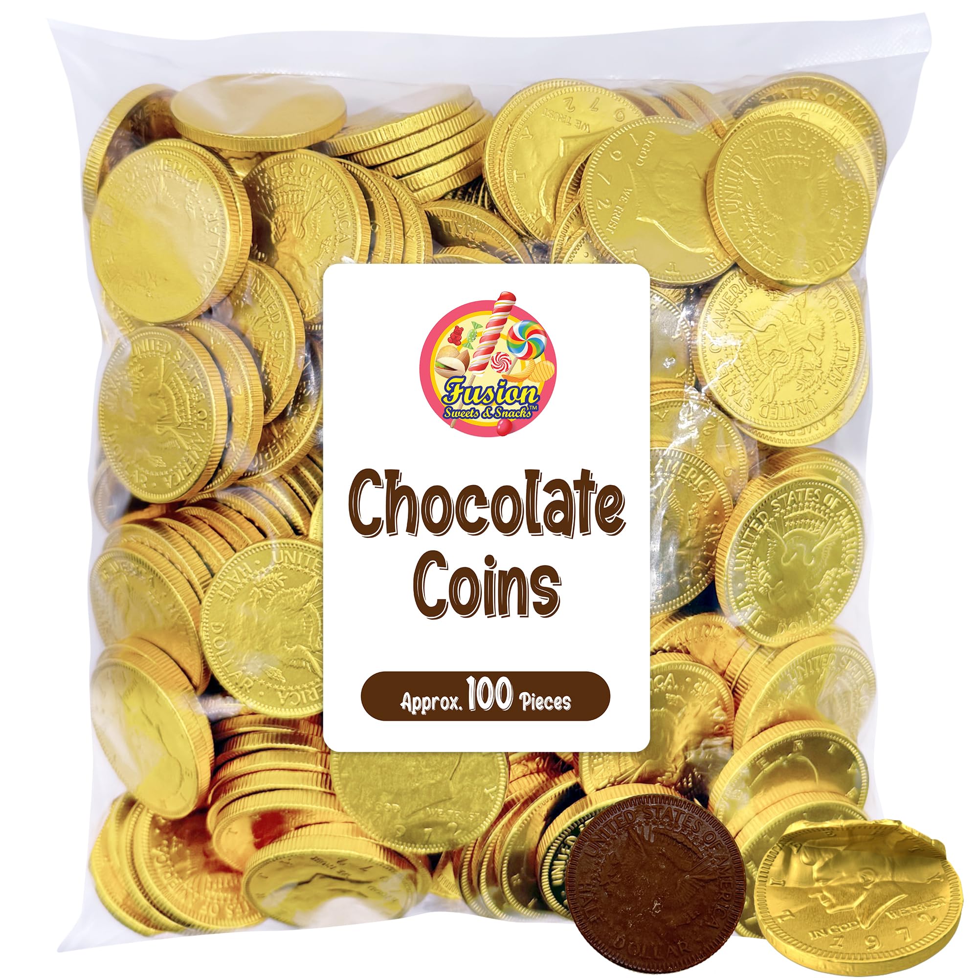 Fusion Sweets holiday display featuring these gold coins for gelt, stockings, and celebrations