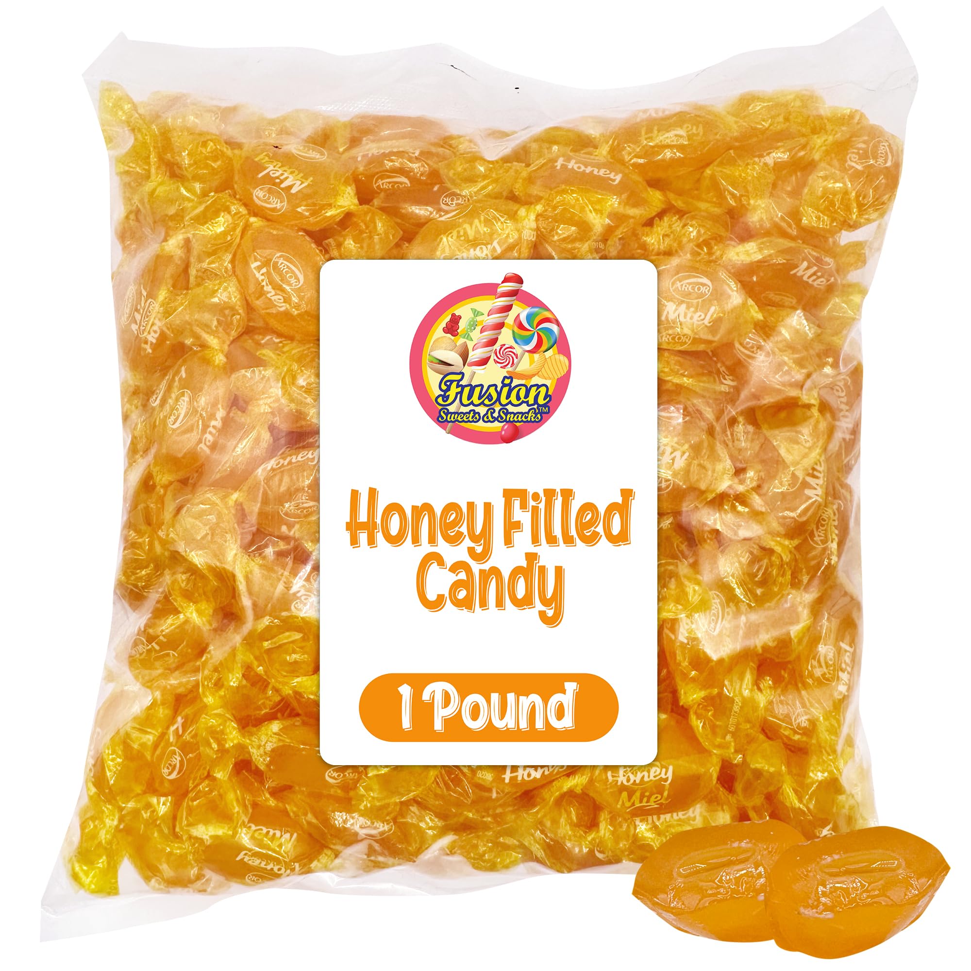 Fusion Sweets And Snacks honey-filled hard candy bag with soft centers, ideal for sharing.