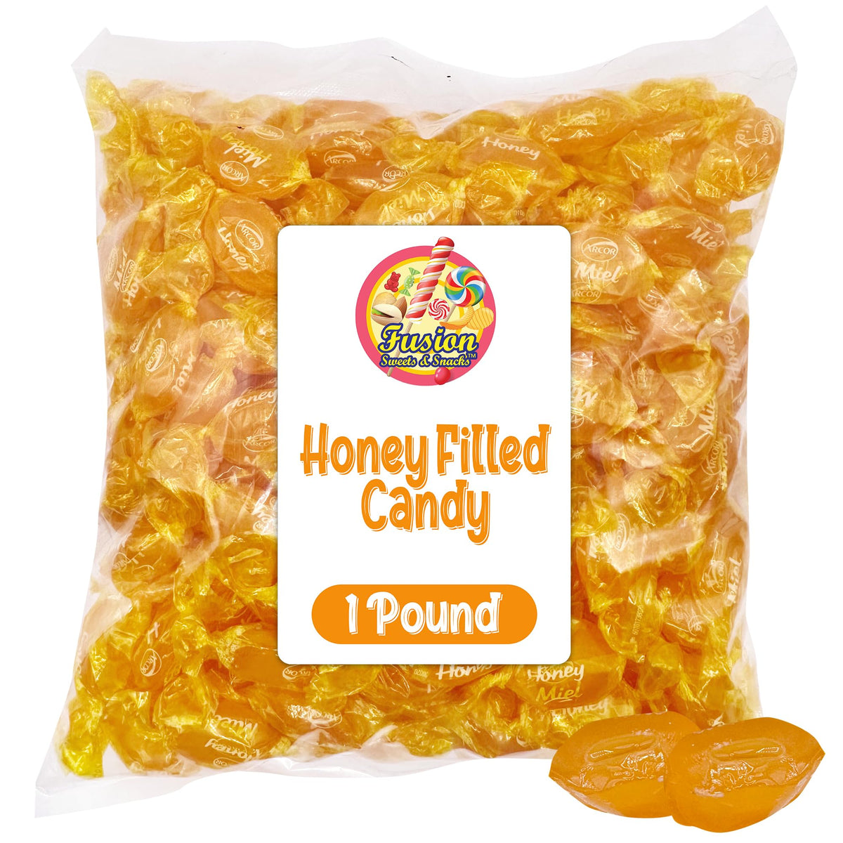 Fusion Sweets And Snacks honey-filled hard candy bag with soft centers, ideal for sharing.