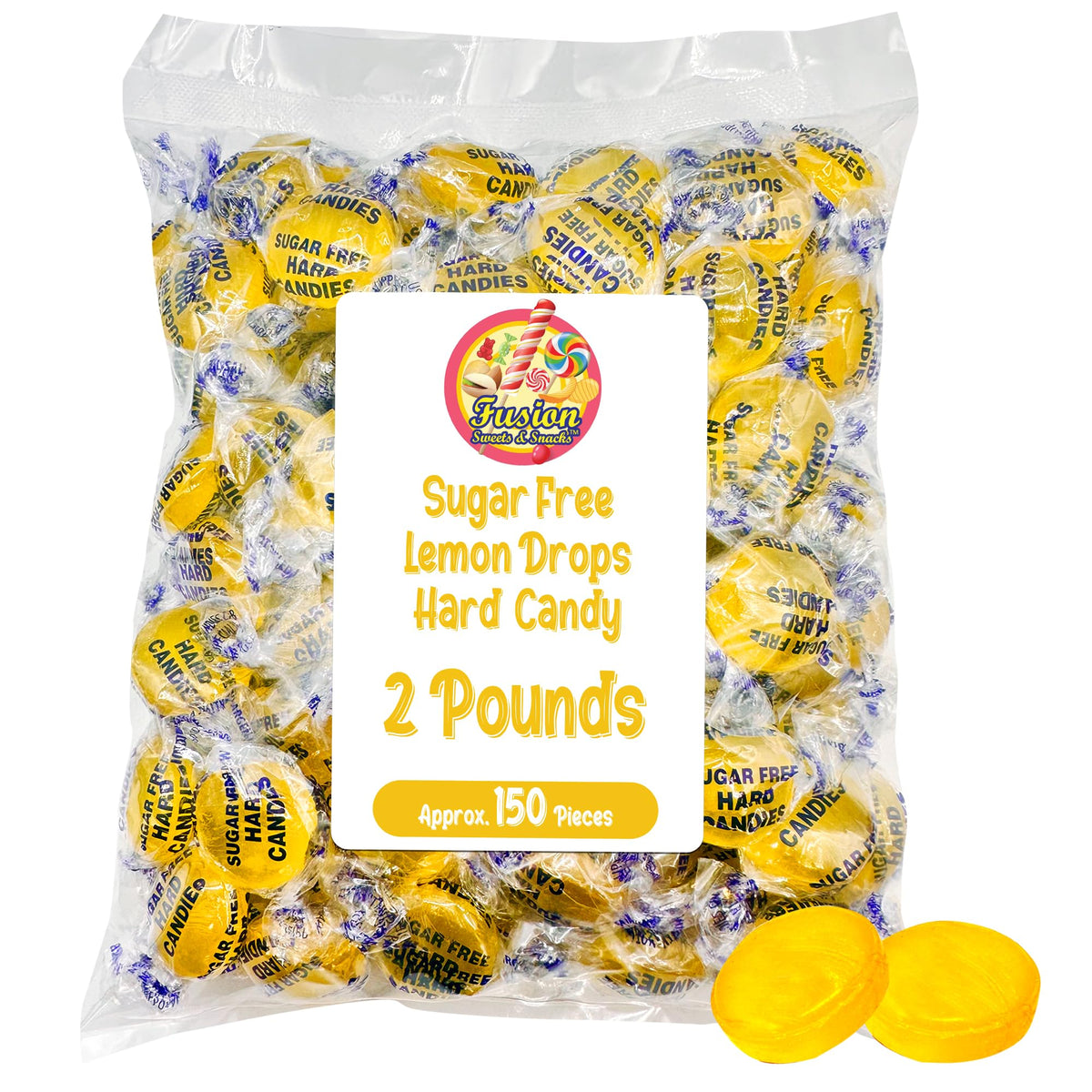 Fusion Sweets Sugar-Free Lemon Drops bulk bag open shows fresh, tangy candy.
