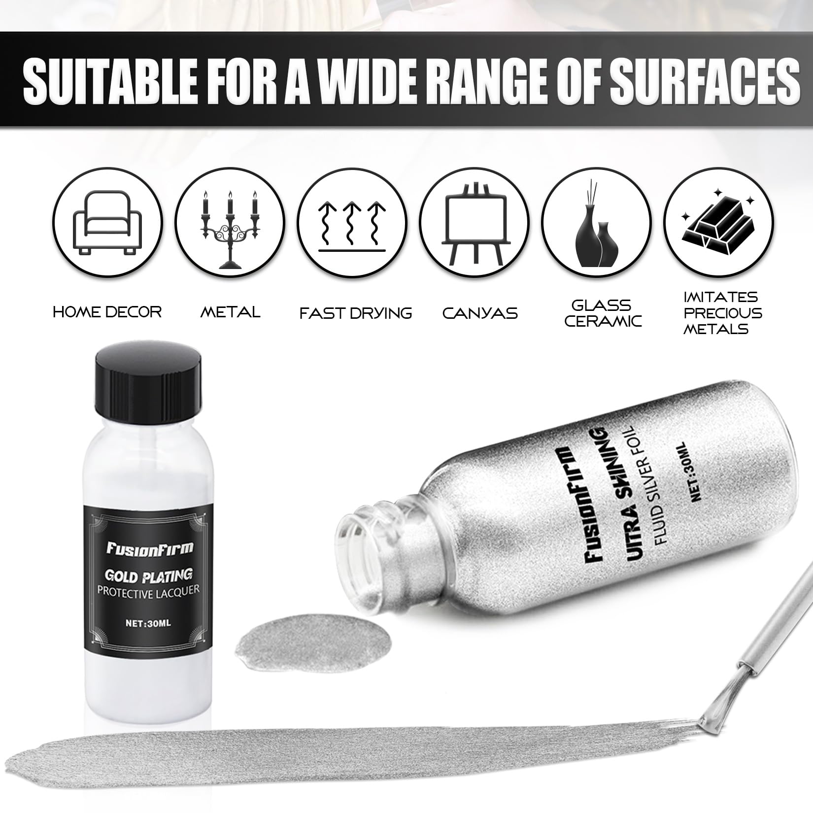 FusionFirm silver liquid leaf paint brush-stroke showing even coverage