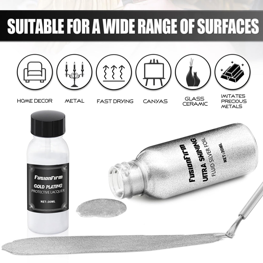 FusionFirm silver liquid leaf paint brush-stroke showing even coverage