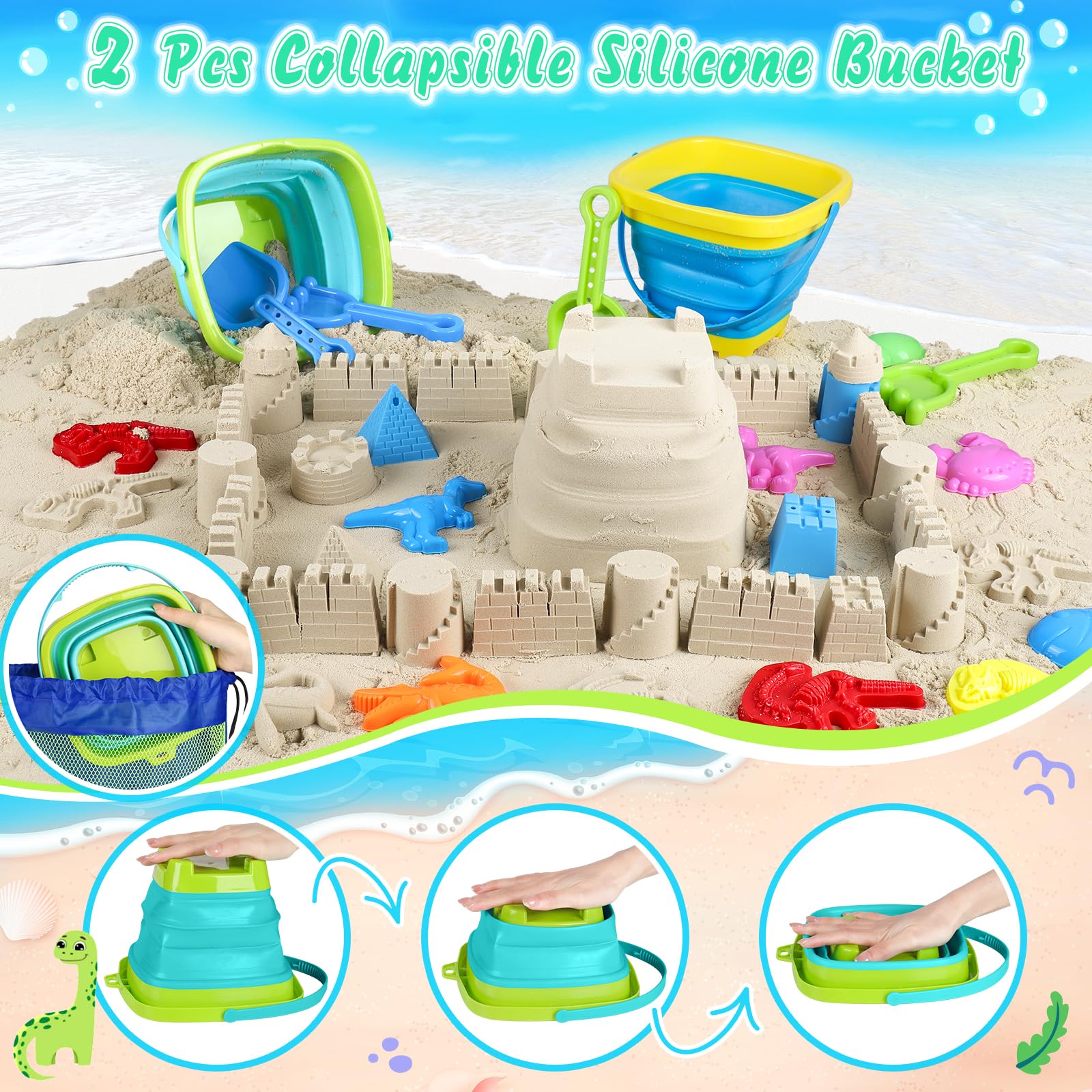 FUSPWEAO Collapsible beach buckets 2-pack for easy, compact storage.