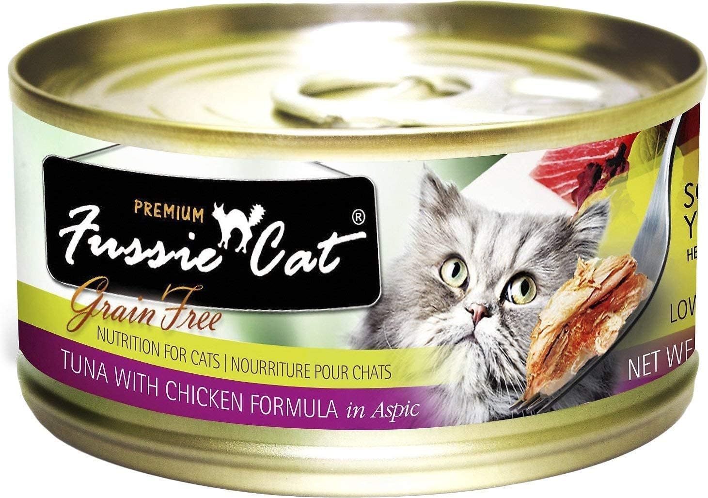 Fussie Cat Premium tuna chicken cans with high-protein option for balanced meals