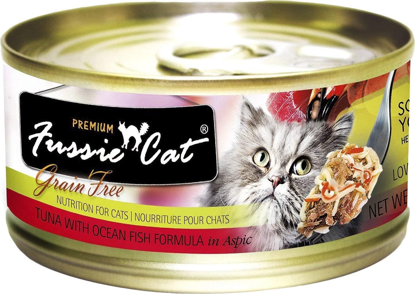 Fussie Cat Premium tuna shrimp cans with seafood blend for picky eaters