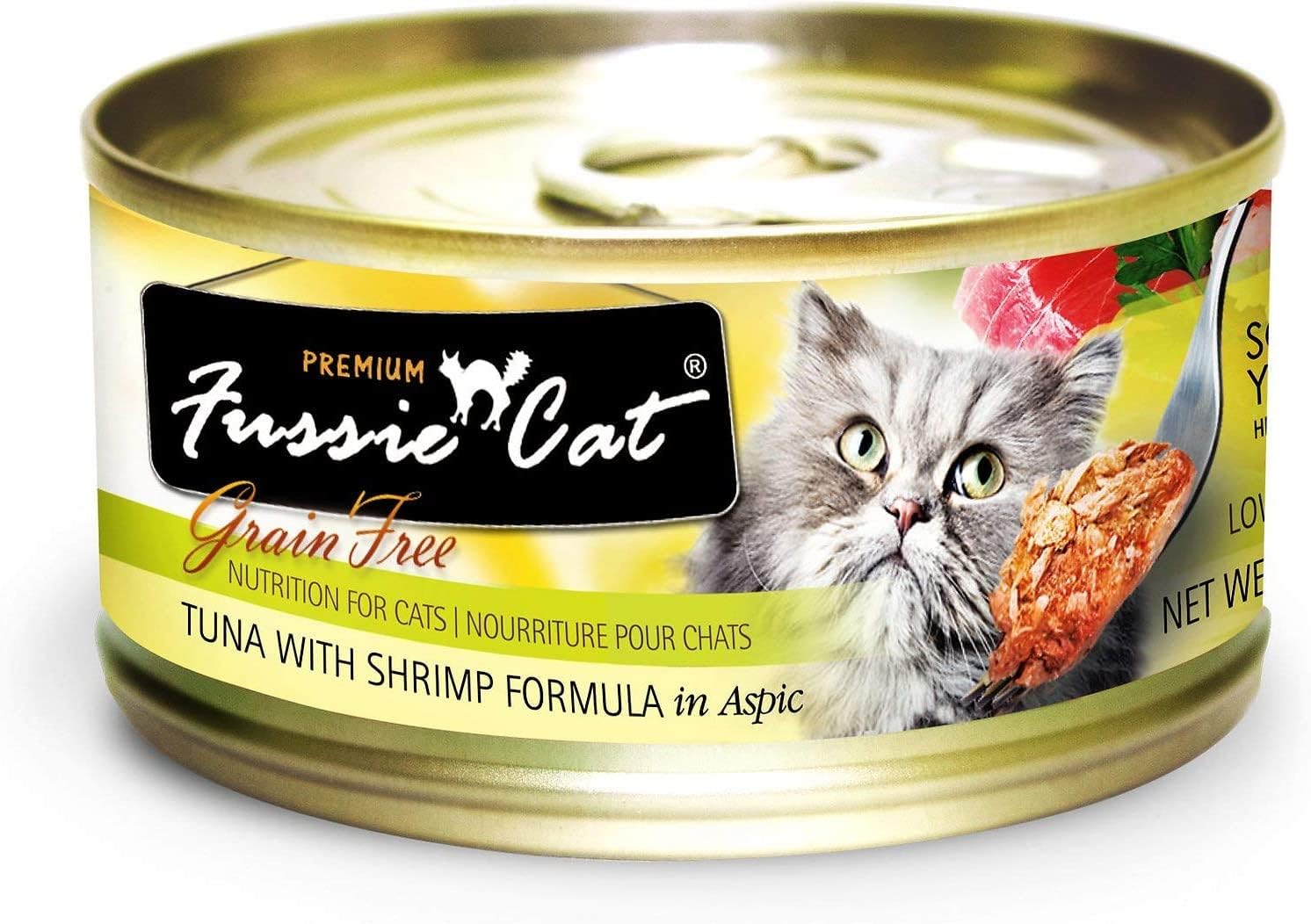 Fussie Cat Premium grain-free formula label emphasizing grain-free recipe