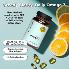 Future Kind Omega-3 citrus-scent softgel close-up highlights burp-free use.