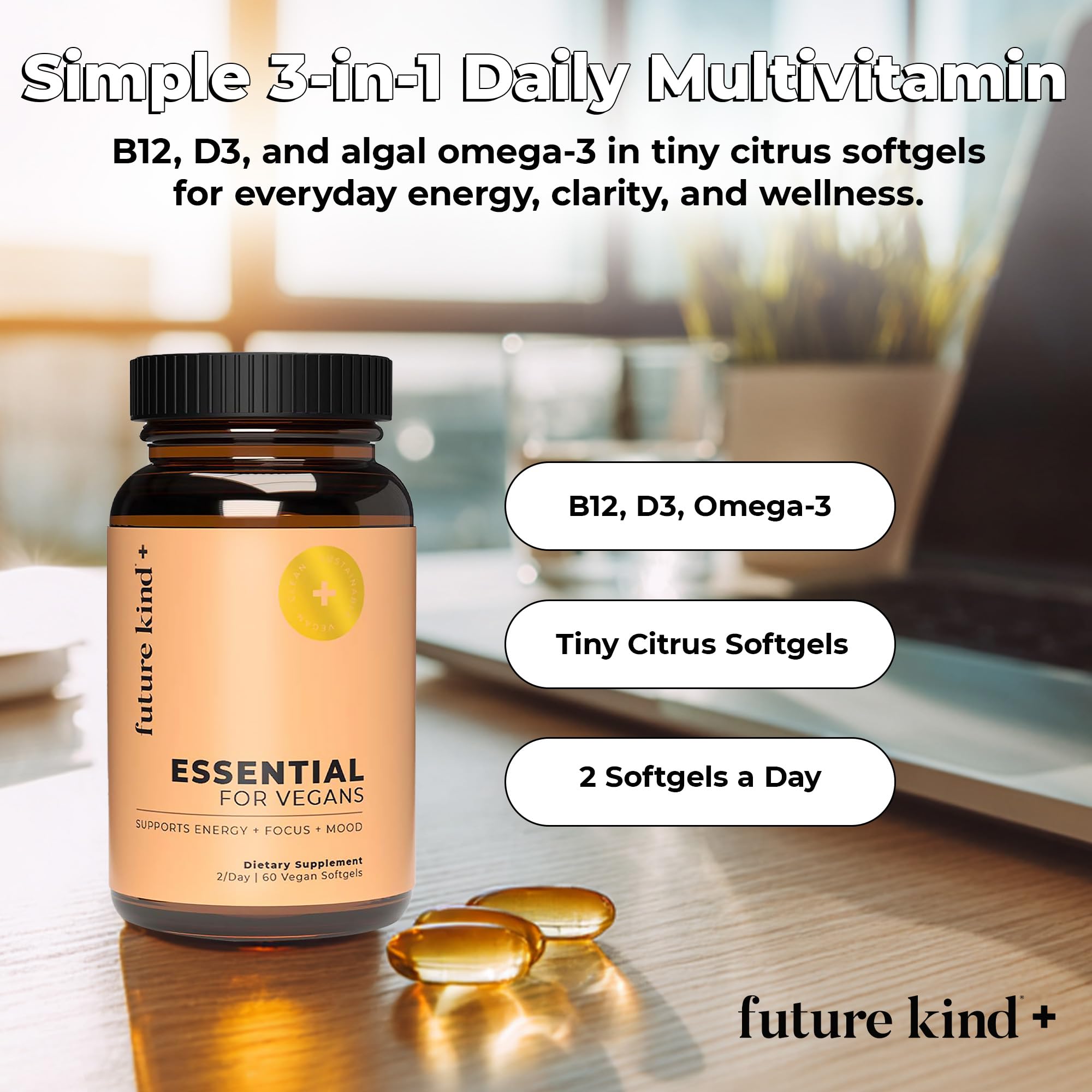 Future Kind tiny citrus softgels in hand for easy swallow