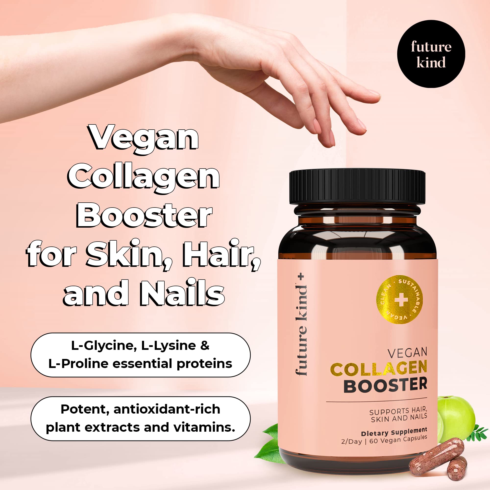 Future Kind vegan collagen bottle label close-up shows clean, plant-based ingredients.