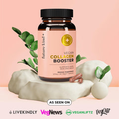 Future Kind vegan collagen bottle on vanity for daily skincare routine.