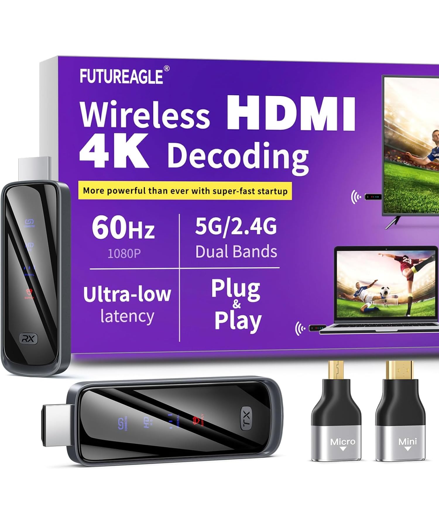 Futureagle wireless HDMI transmitter front view showing quick setup capability