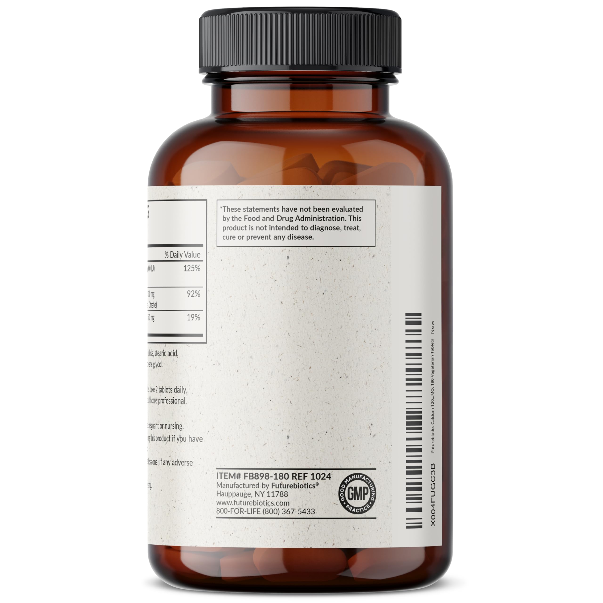 Futurebiotics calcium bottle close-up shows dosage and label details.