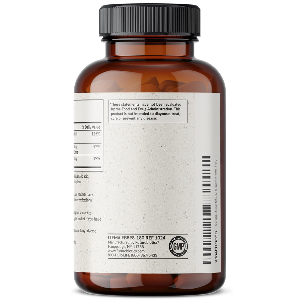 Futurebiotics calcium bottle close-up shows dosage and label details.