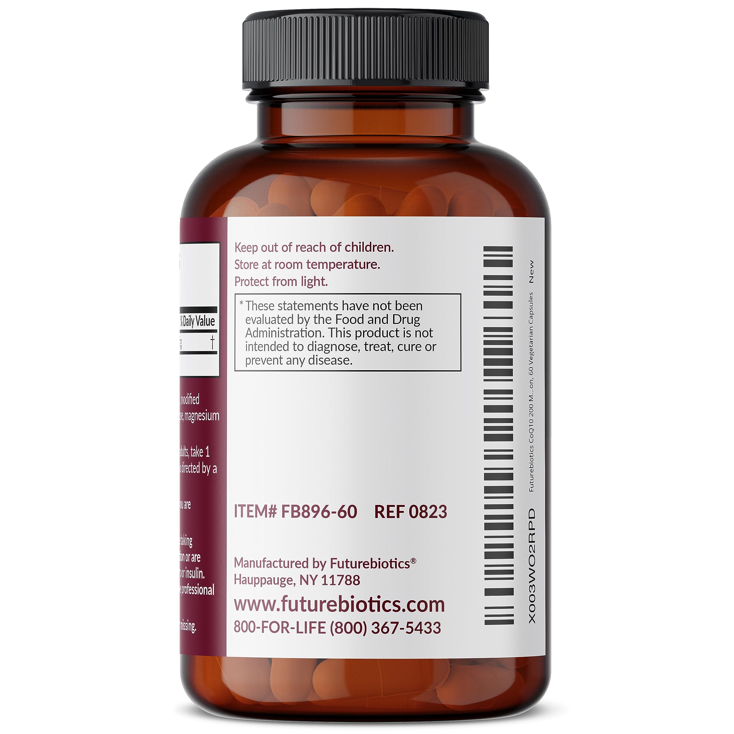 Futurebiotics CoQ10 bottle back panel with usage notes and product details