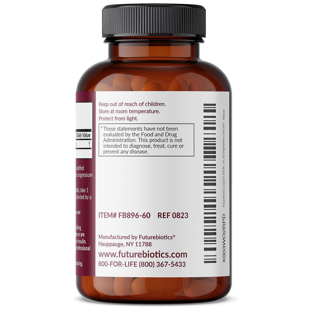 Futurebiotics CoQ10 bottle back panel with usage notes and product details
