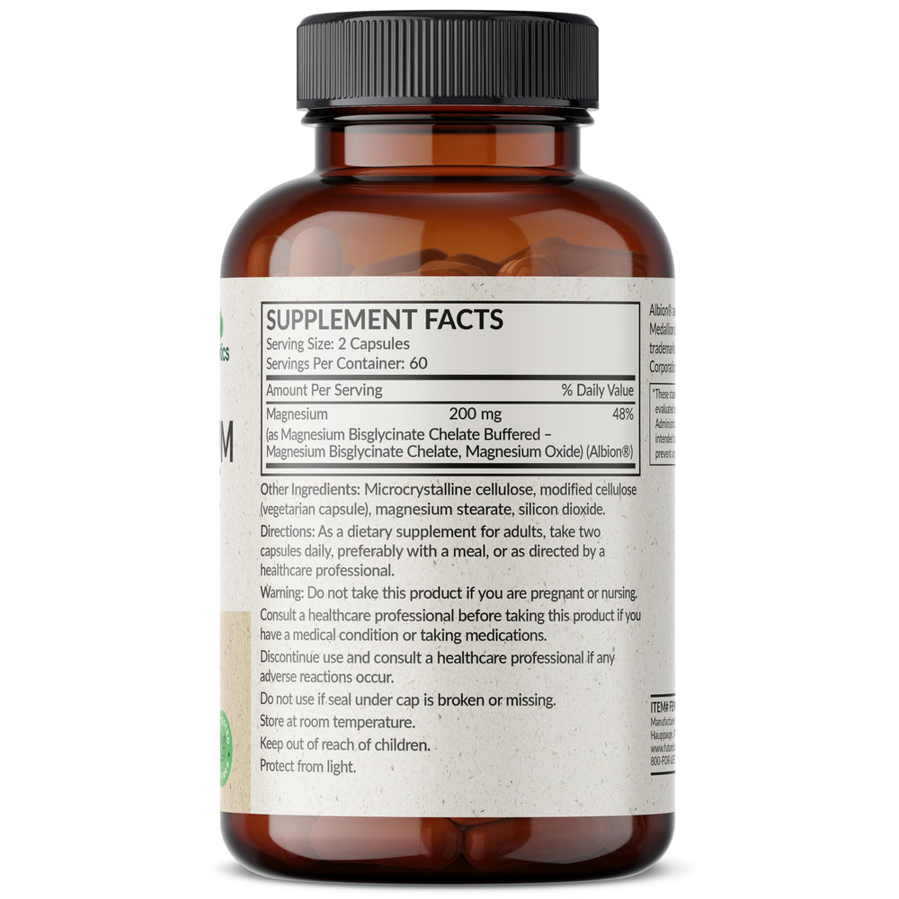Futurebiotics Magnesium Glycinate bottle side highlights gentle digestion-friendly chelation