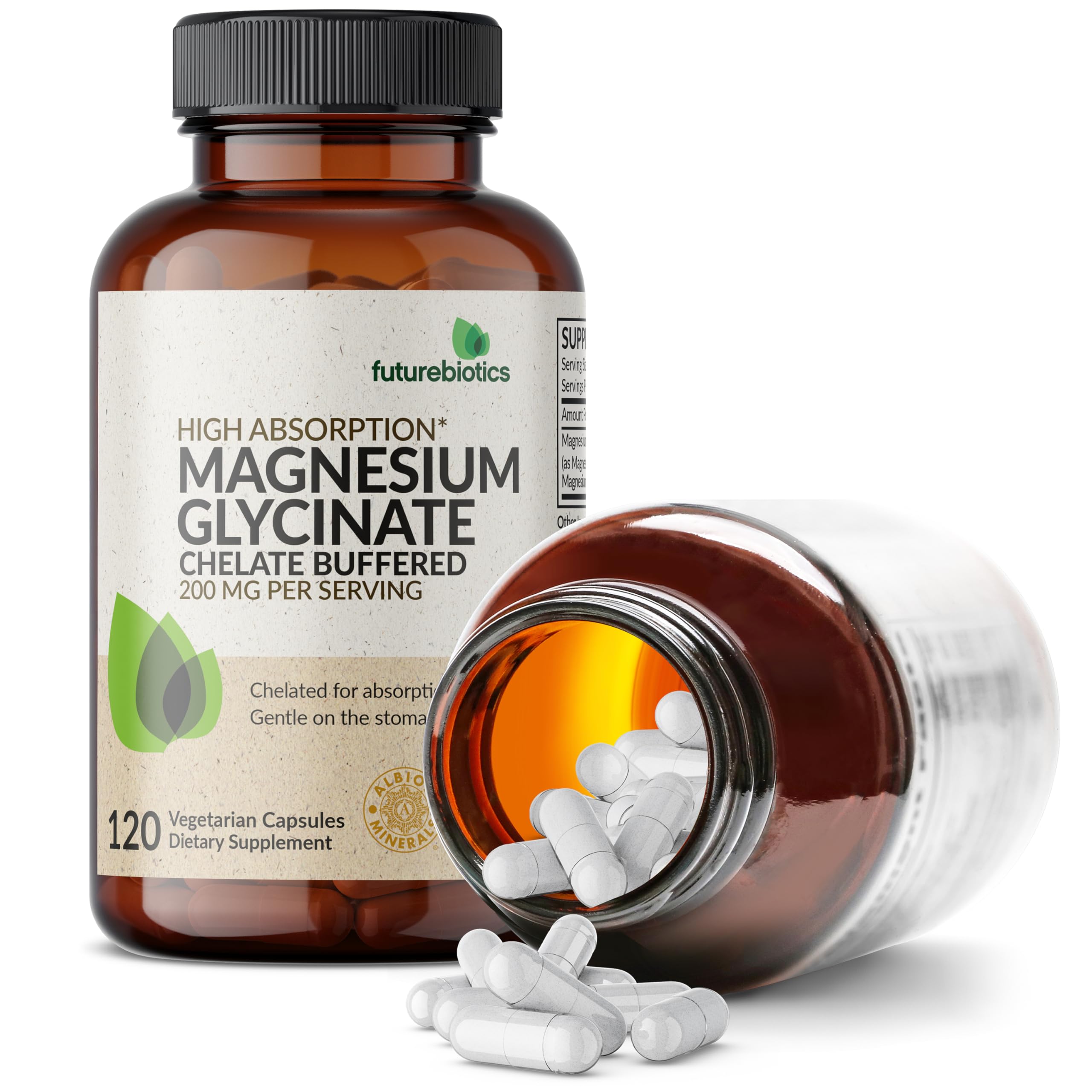 Futurebiotics Magnesium Glycinate ingredients chart highlights chelated magnesium and vegetarian formula