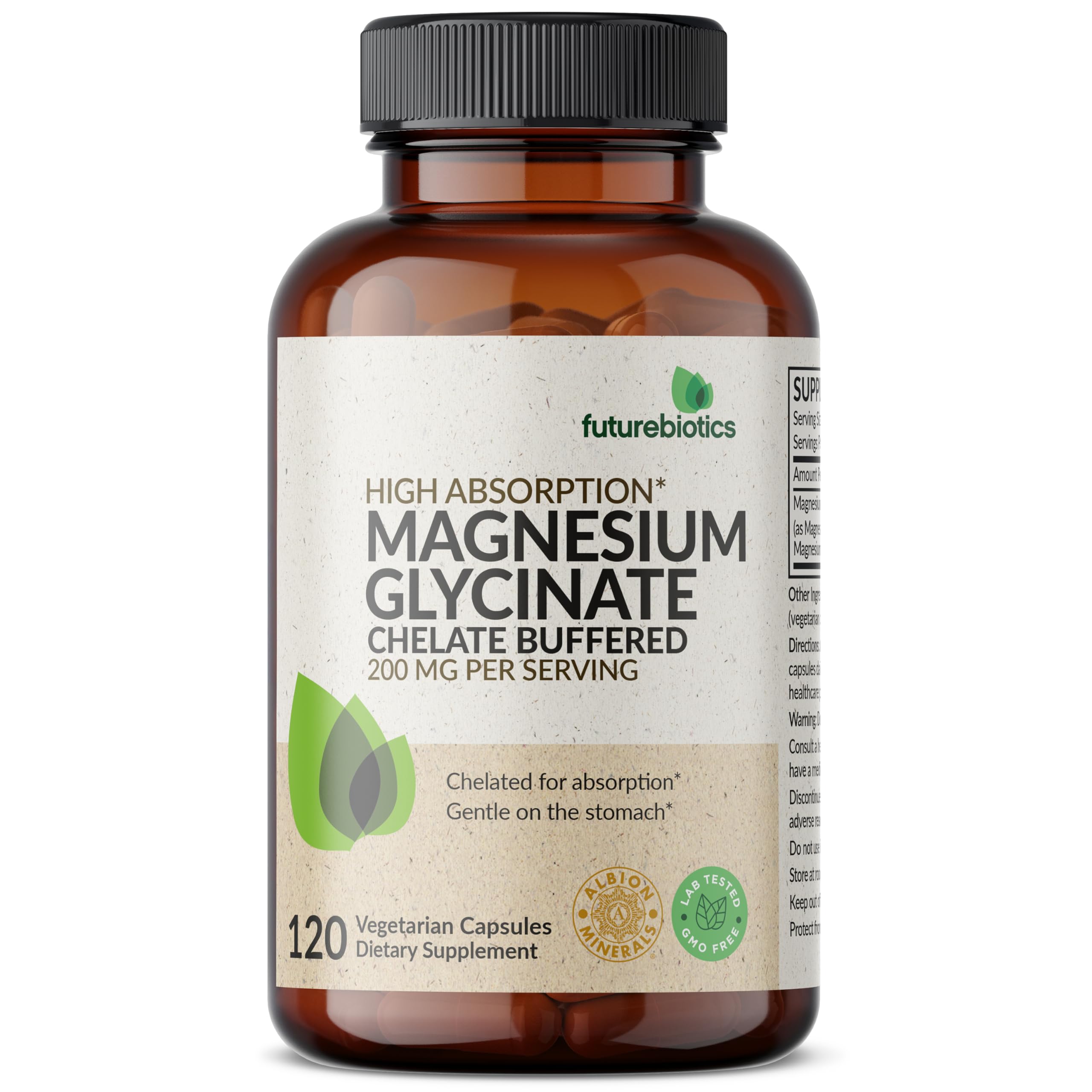 Futurebiotics Magnesium Glycinate label closeup noting non-GMO promise and Albion minerals