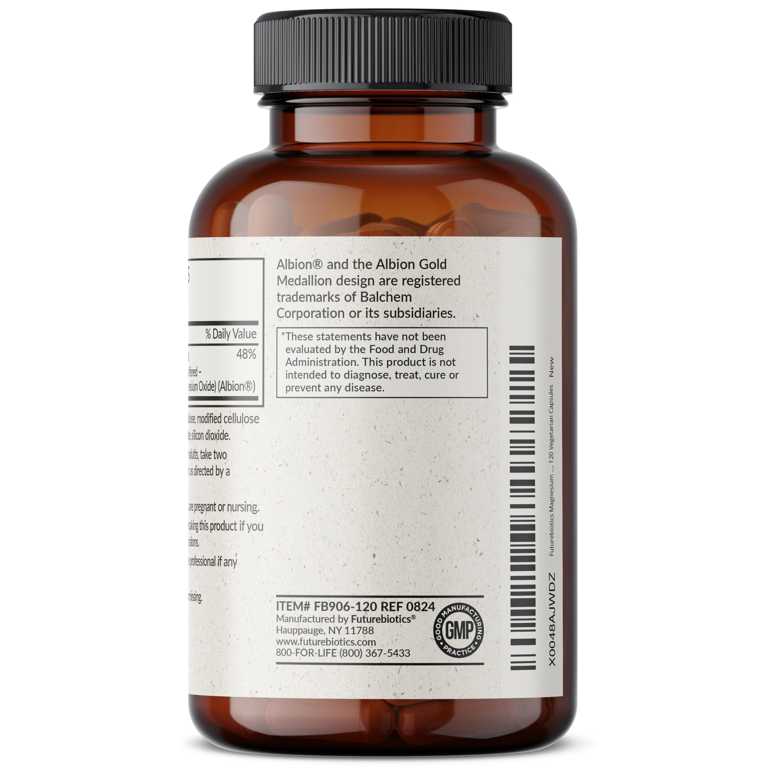 Futurebiotics packaging display emphasizes purity and cGMP NY facility origin