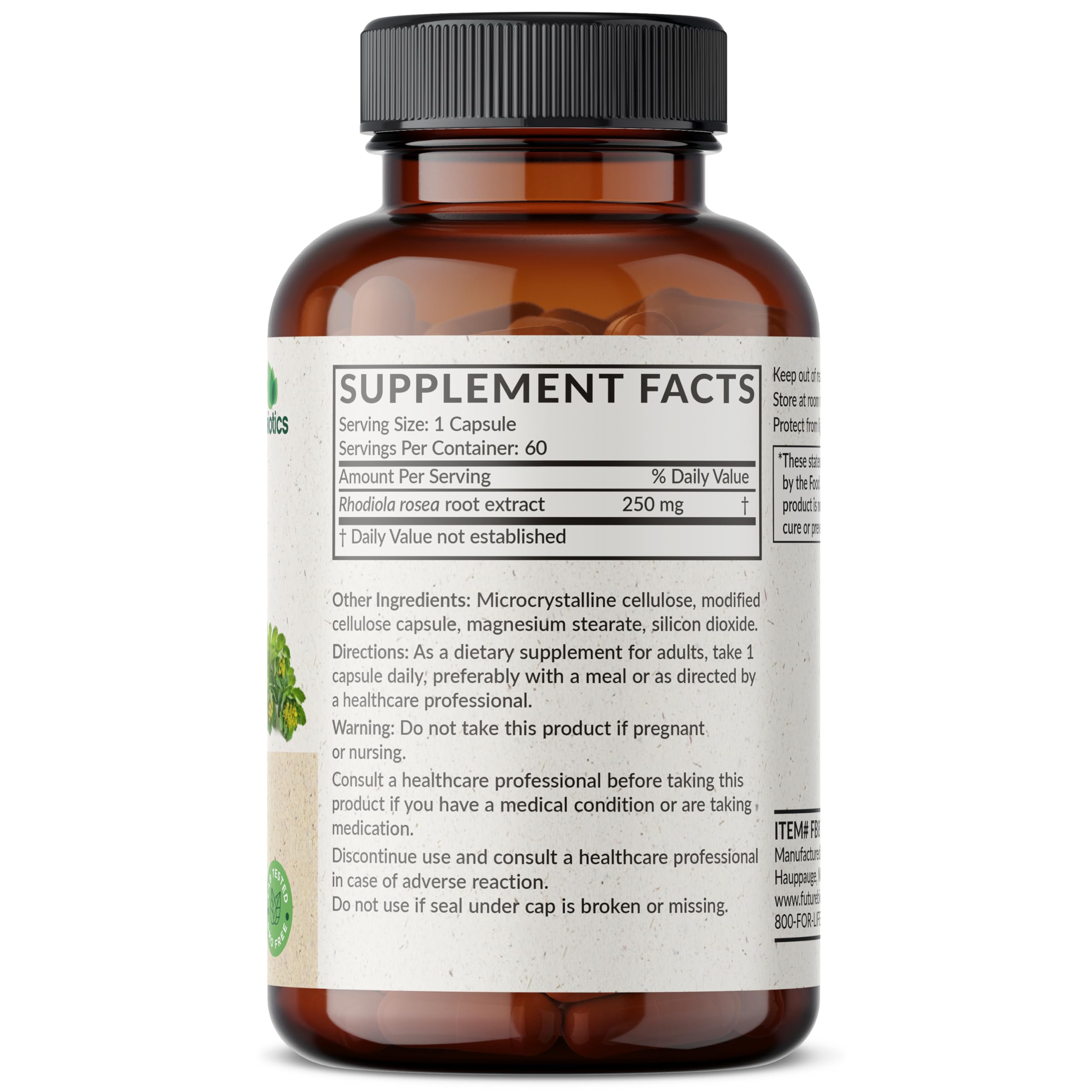 Futurebiotics Rhodiola Rosea bottle label highlights vegan, GMO-free formulation