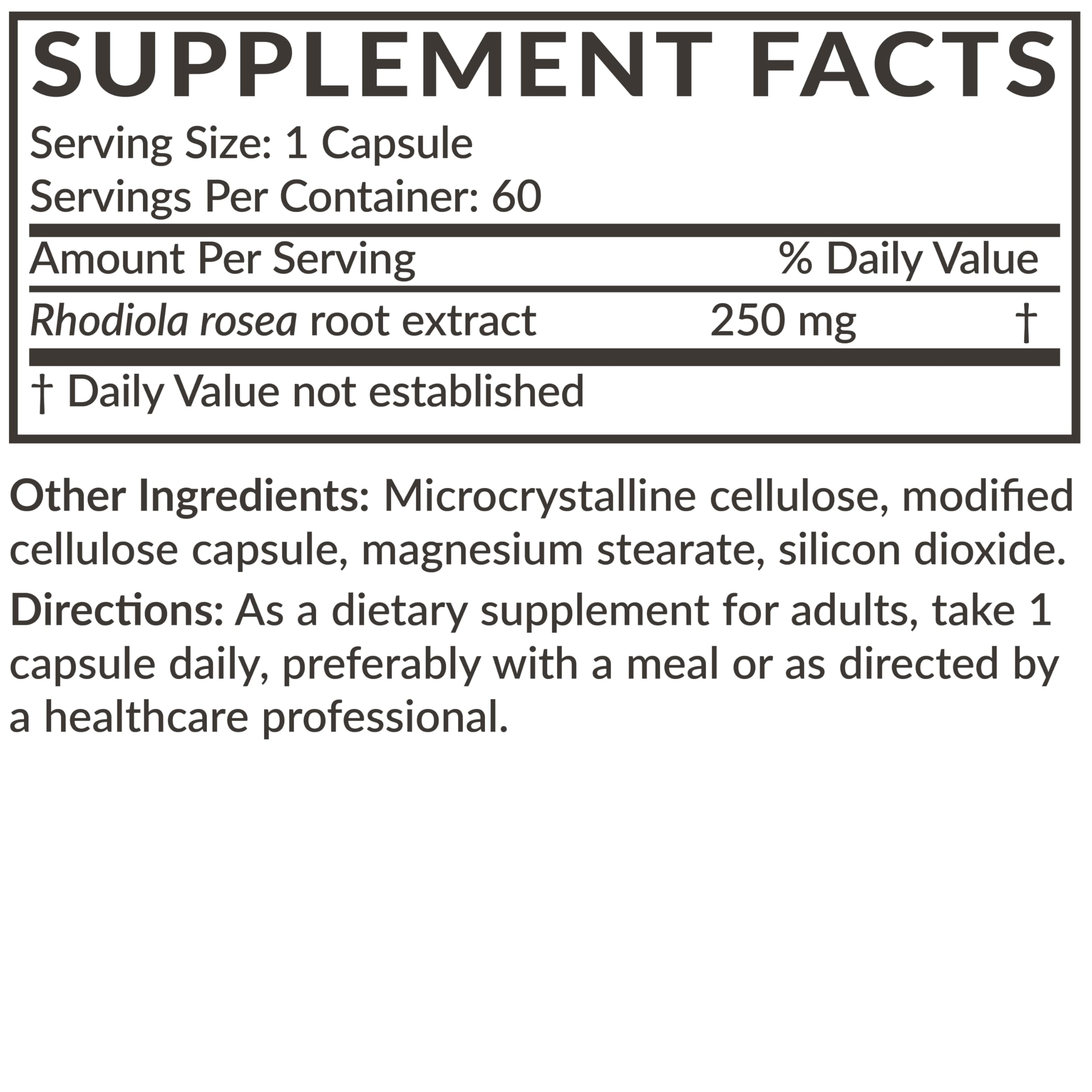 Futurebiotics Rhodiola Rosea nutrition label shows gluten-free ingredients