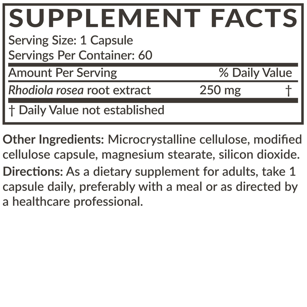 Futurebiotics Rhodiola Rosea nutrition label shows gluten-free ingredients