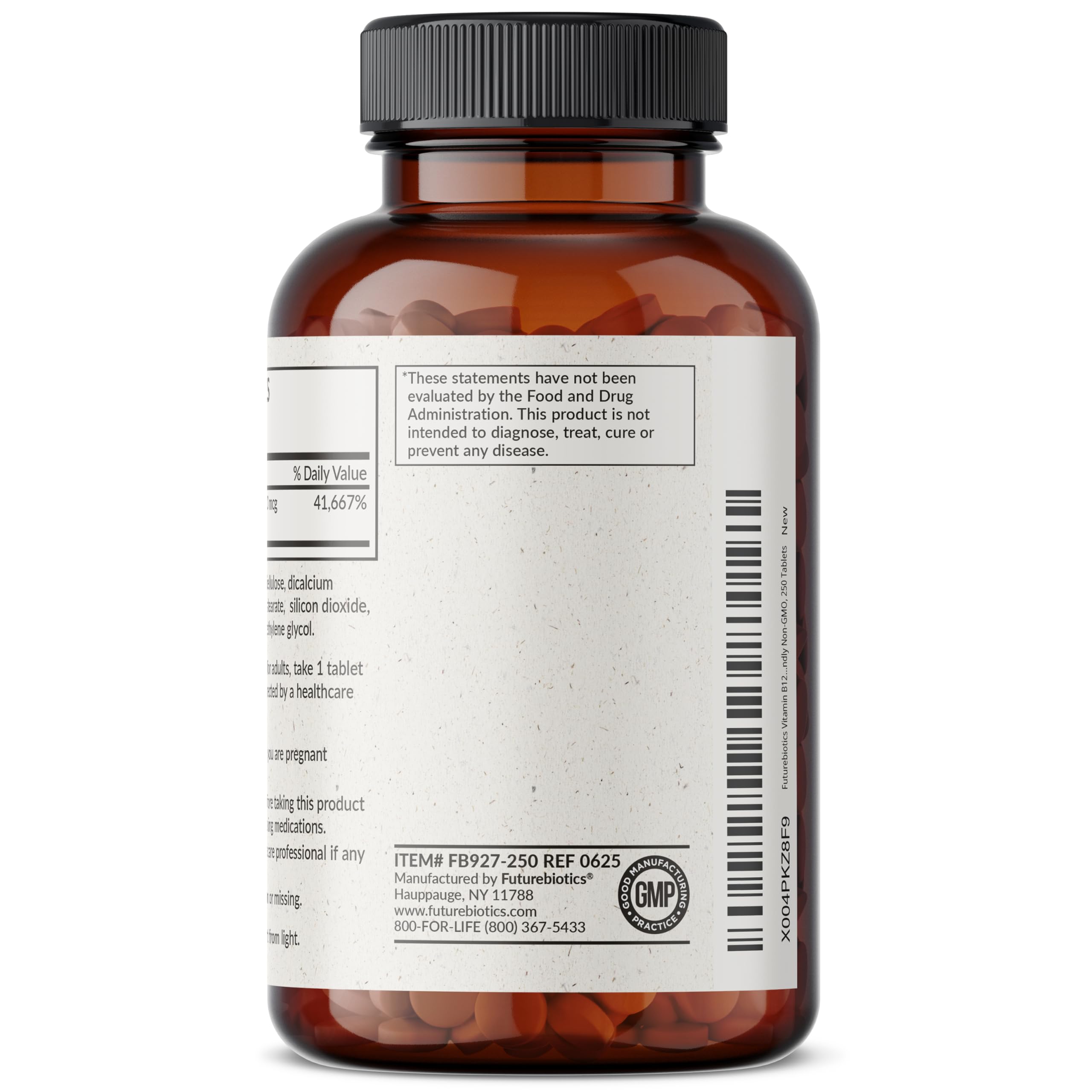 Futurebiotics Vitamin B12 bottle scene emphasizes long 250-day supply.