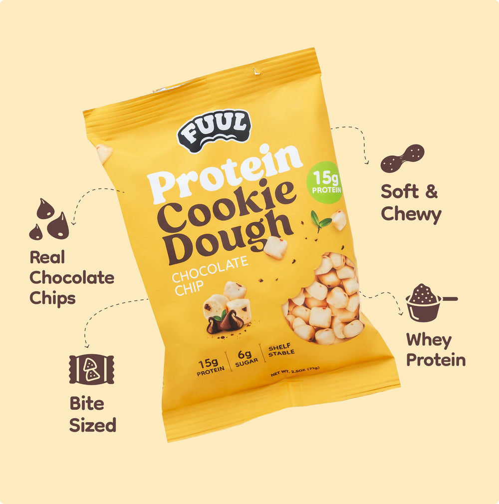 FUUL chocolate chip dough closeup showing chips and soft dough texture for tasty protein.