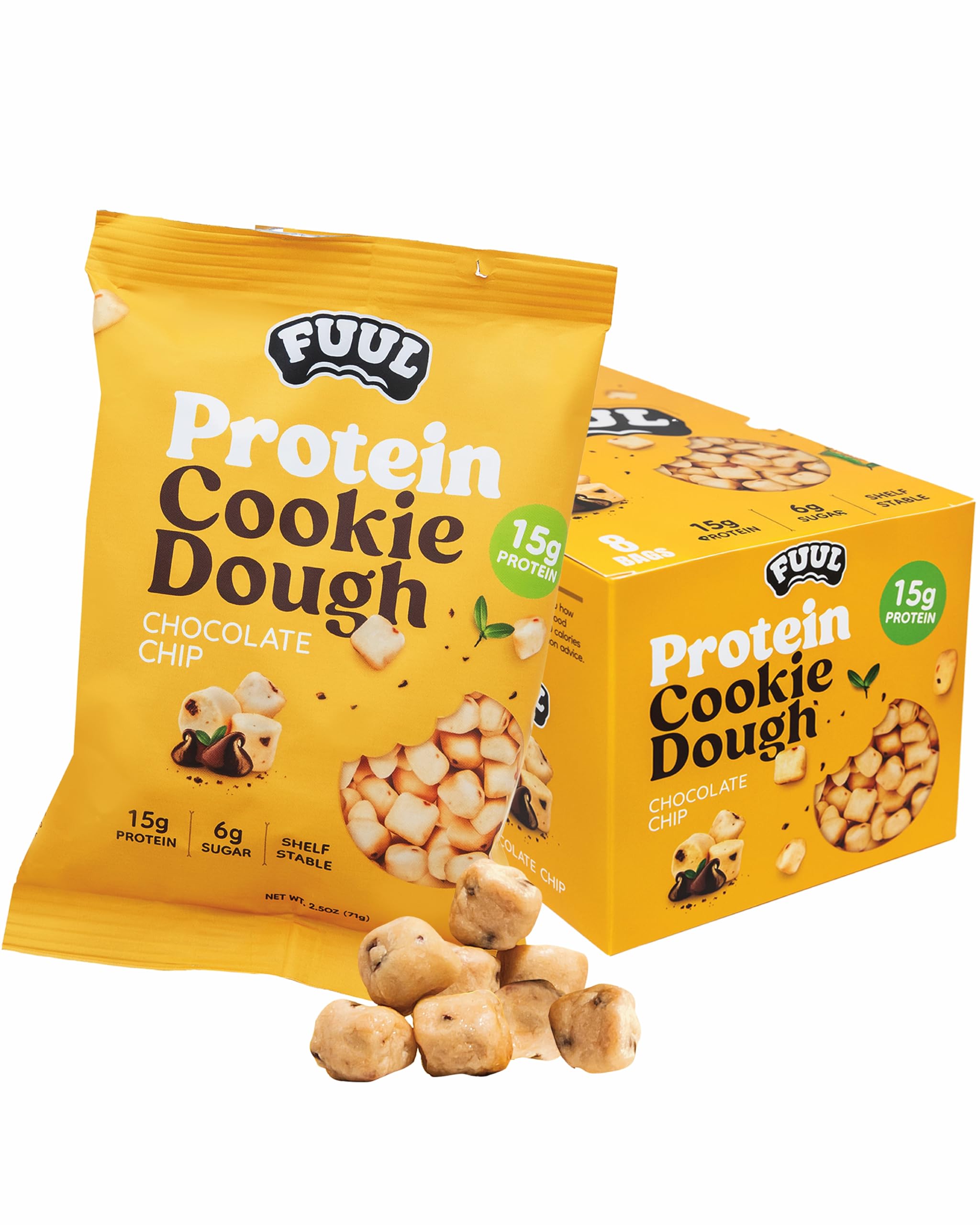 FUUL Protein Cookie Dough chocolate chip bag showing a convenient, high-protein snack for on-the-go fueling.