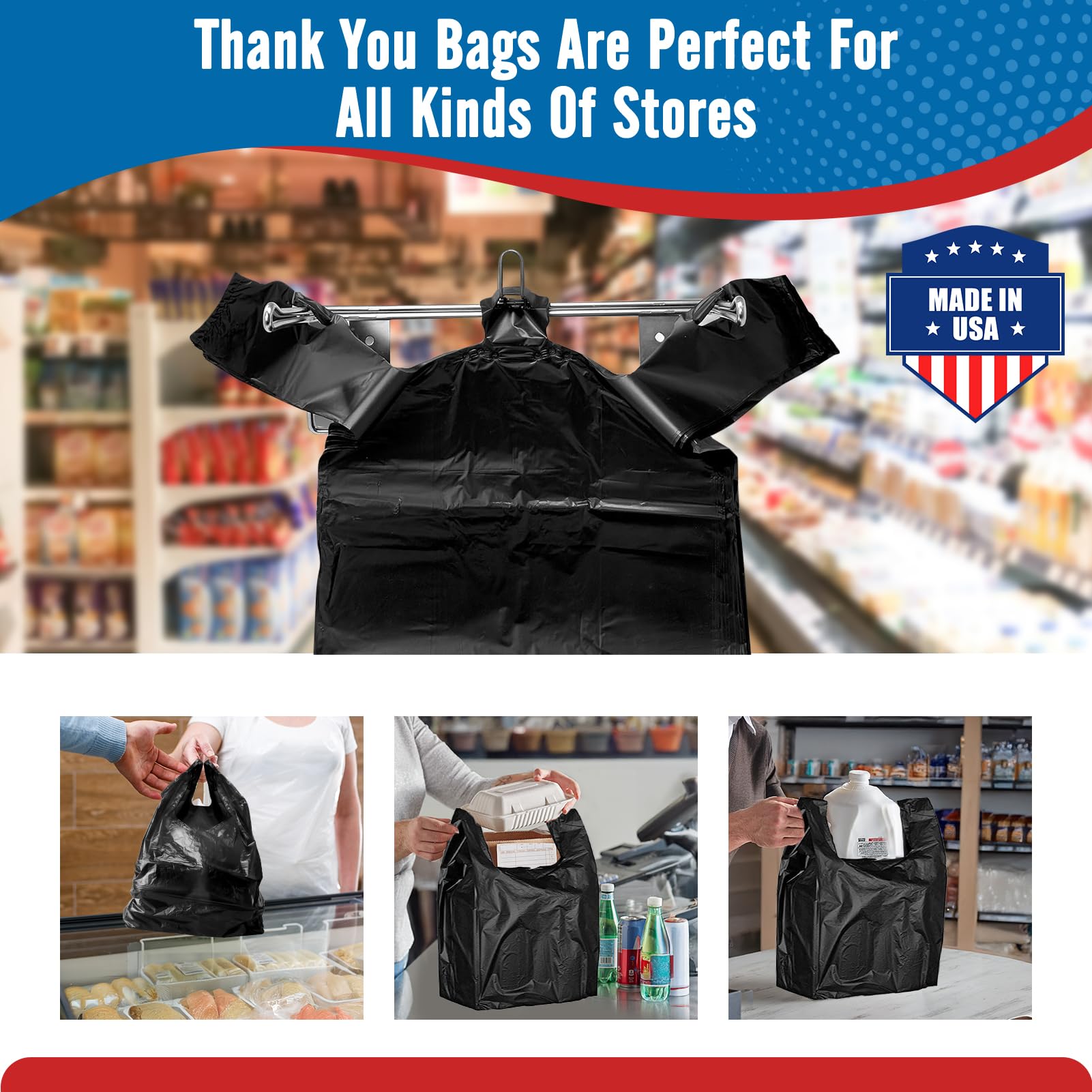 Fuxury durable bags with strong handles shown at take-out counter