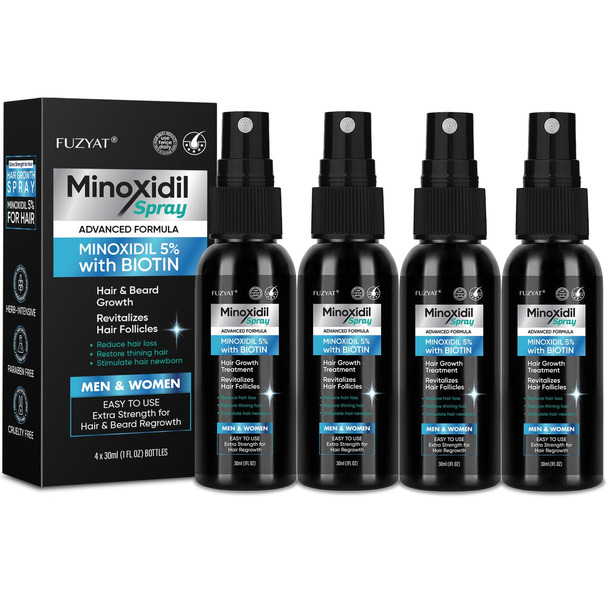 Fuzyat Minoxidil five-percent spray bottle for thinning hair, easy daily use