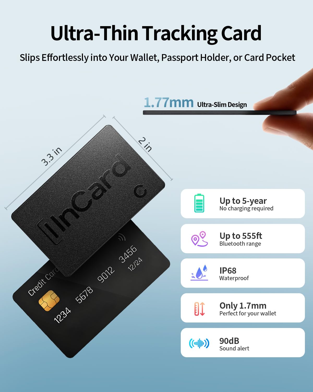 FVJ Wallet Tracker Card offers up to 5-year battery life.
