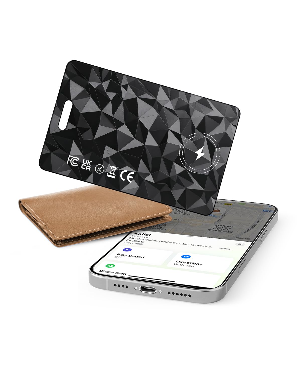 FVJ wallet tracker card close-up showing Apple Find My integration for quick locating