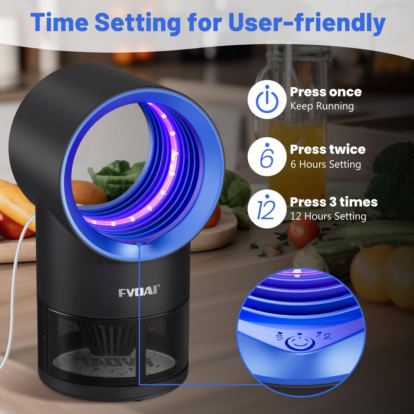 FVOAI blue indoor trap on countertop for quick pest control.