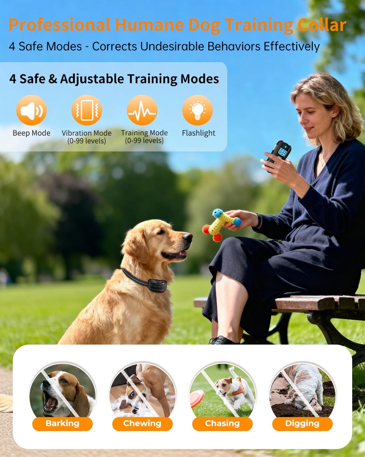 FWQEFVA dog collar worn on a dog for all-weather training.