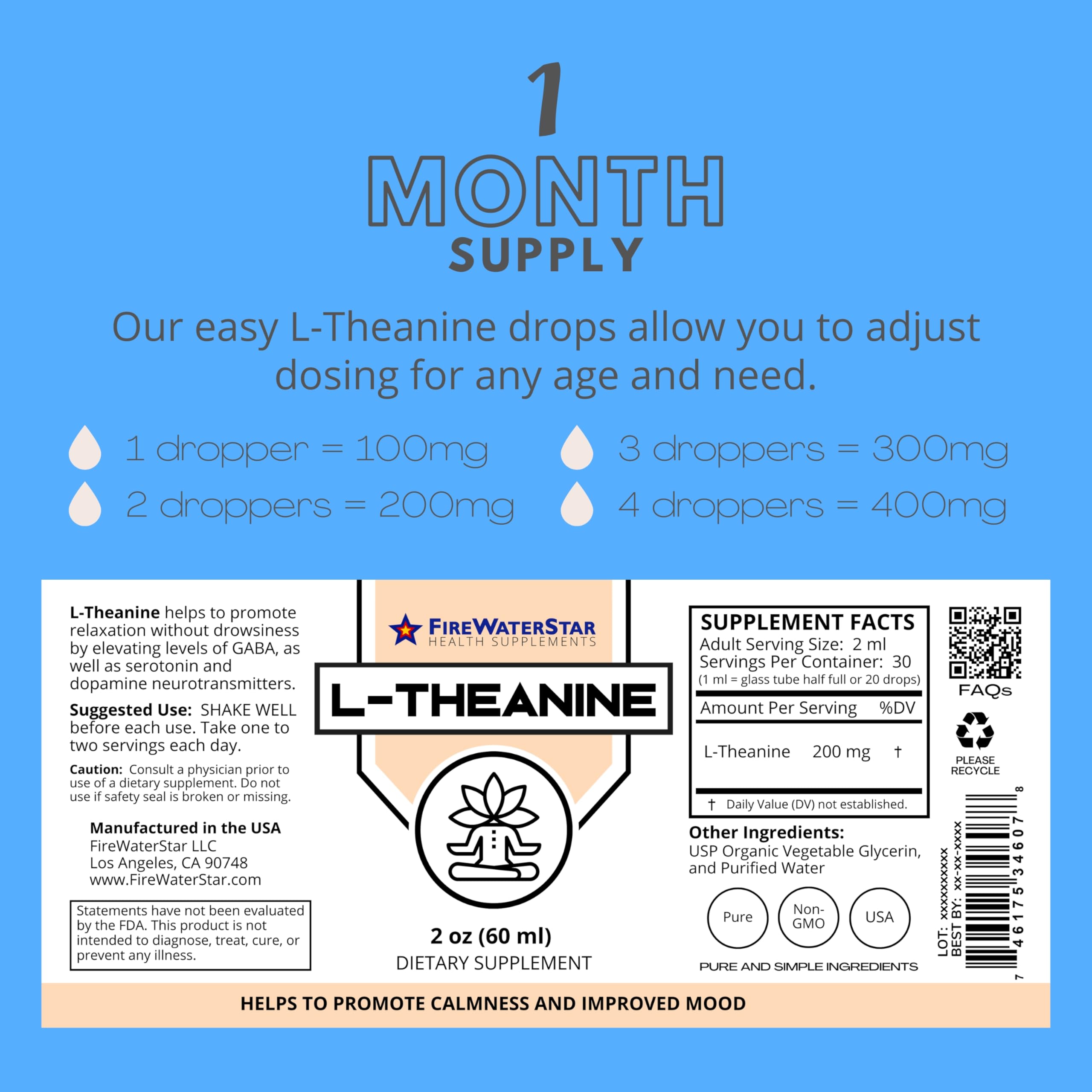 Ingredients label on FWS L-Theanine drops showing USP purity.