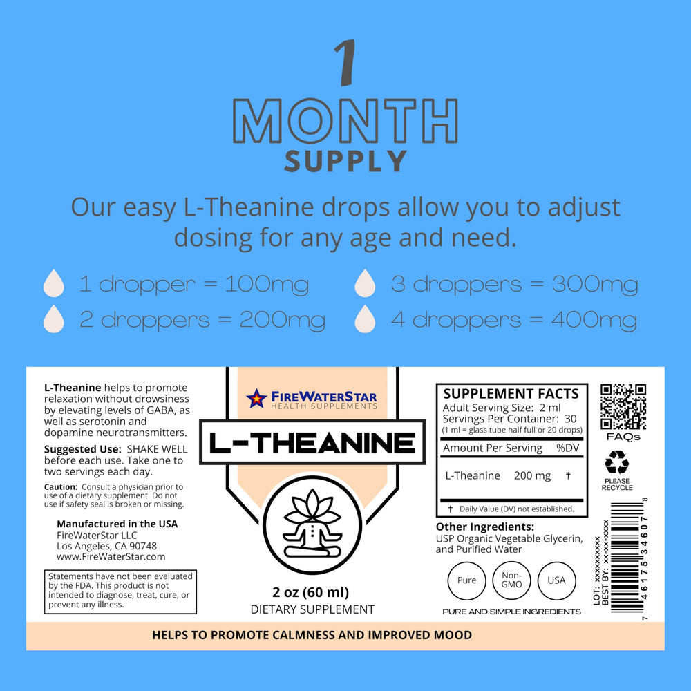 Ingredients label on FWS L-Theanine drops showing USP purity.