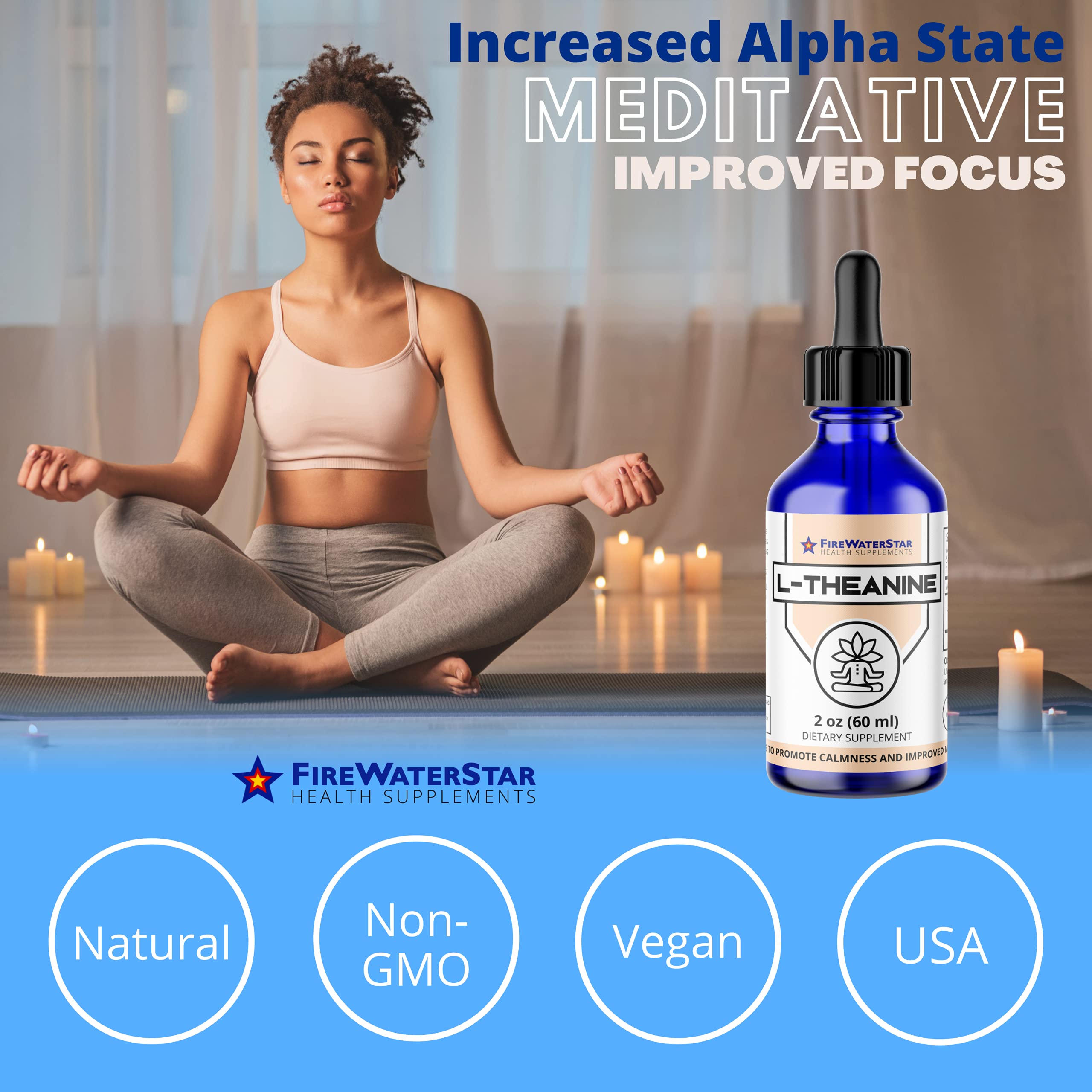 Packaging for FWS L-Theanine bottle emphasizing organic vegan formula.