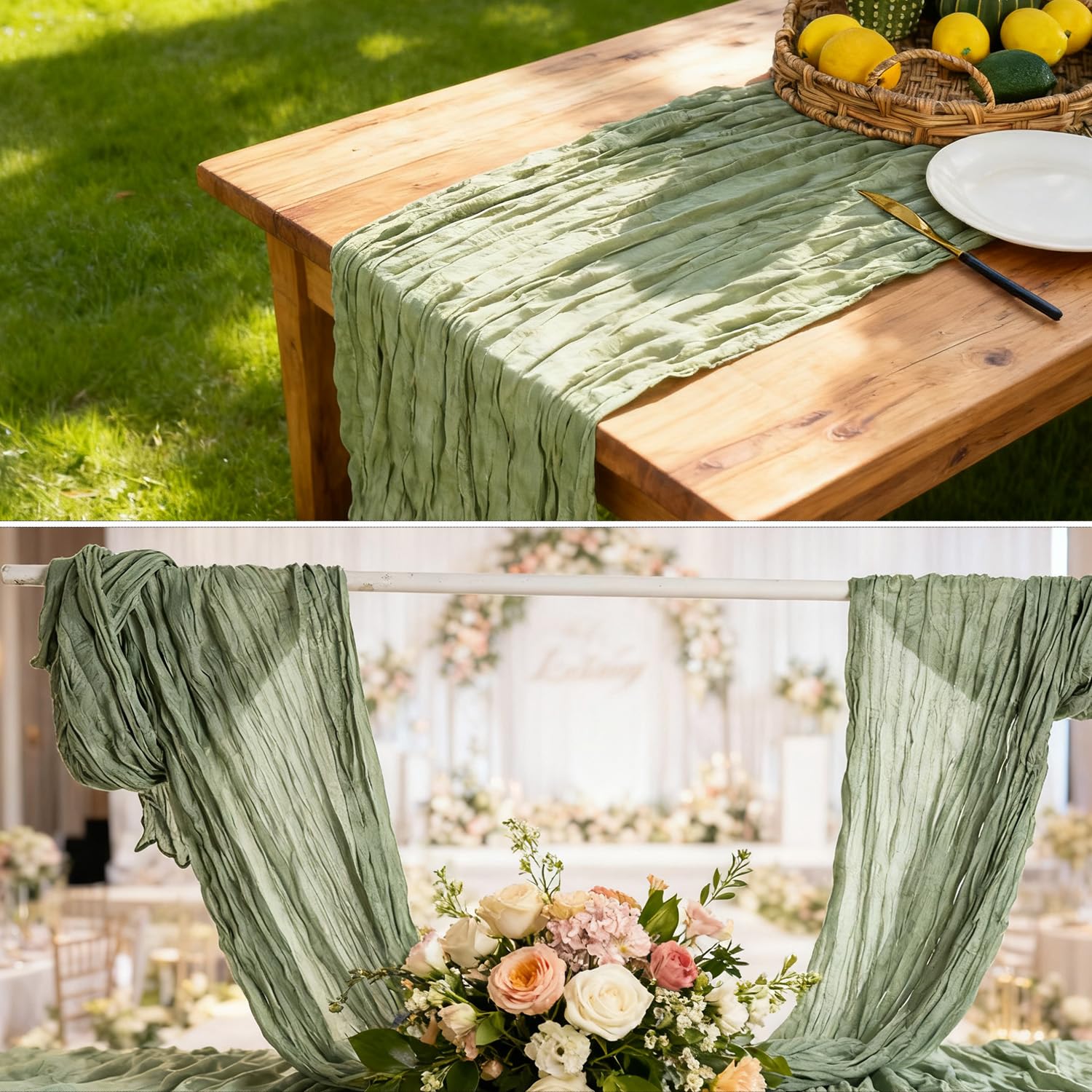 Fwxdbwyl sage green cheesecloth table runner 120in ideal for dessert tables