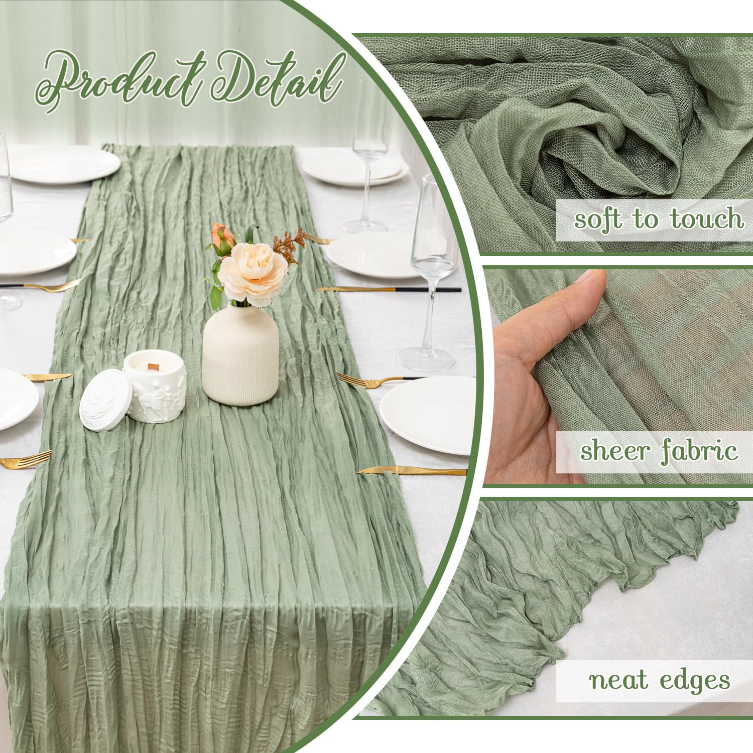 Fwxdbwyl sage green cheesecloth table runner 120in on dining table for stylish gatherings