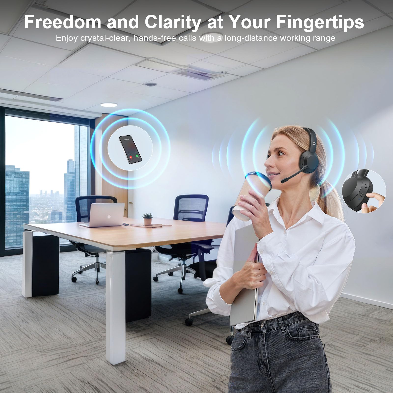 FXWONTY headset worn during remote work highlighting long 65-hour battery life