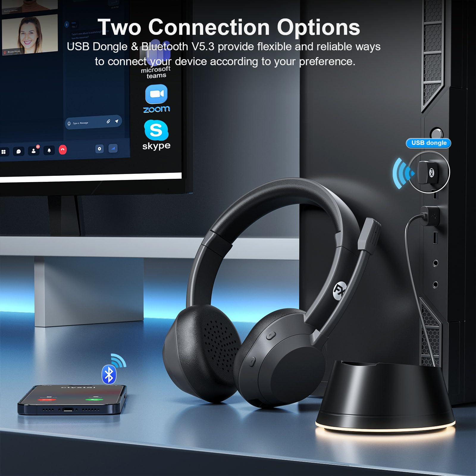 FXWONTY wireless headset in charging base with dongle storage