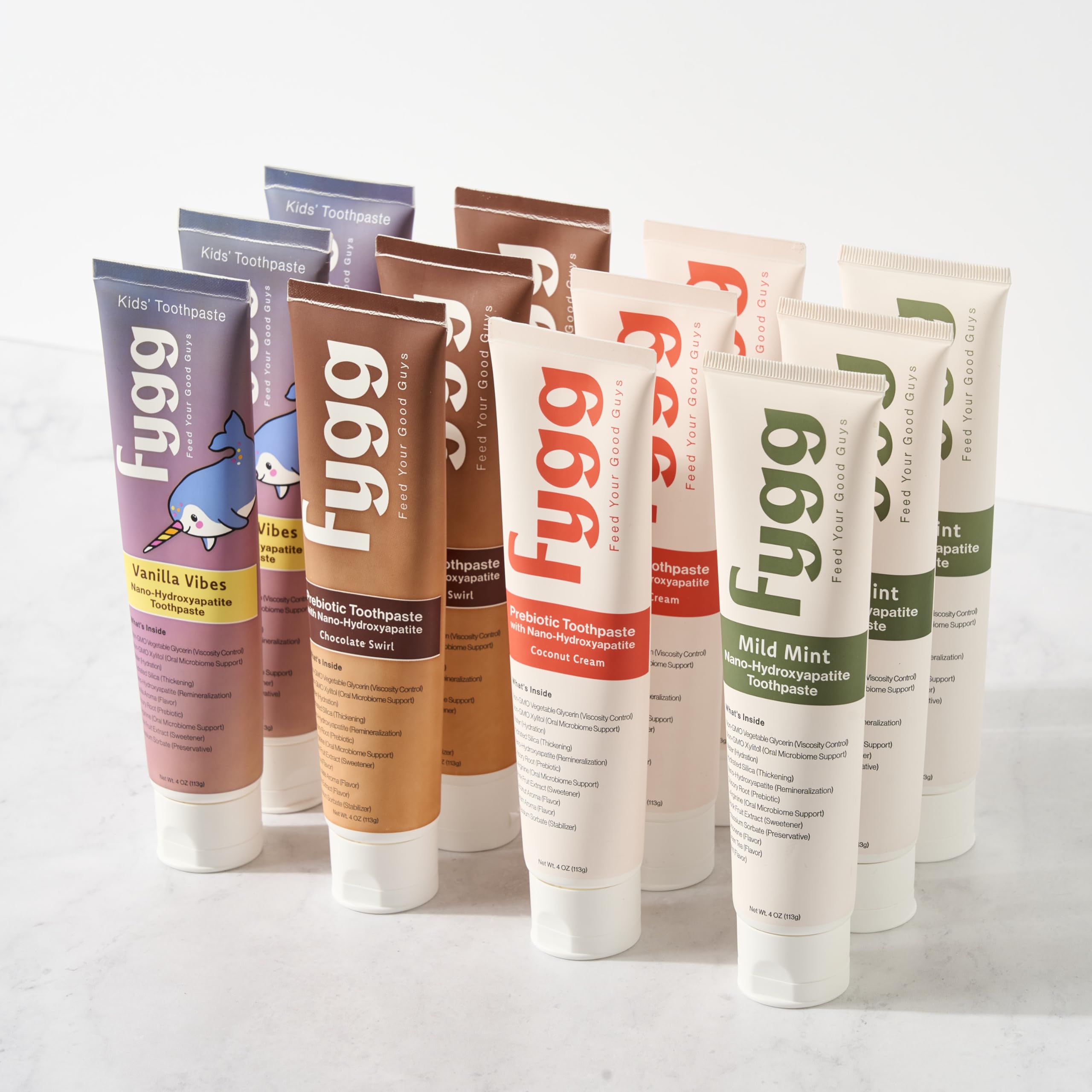 Fygg no-SLS formula closeup focusing on clean, gentle, microbiome-friendly toothpaste.