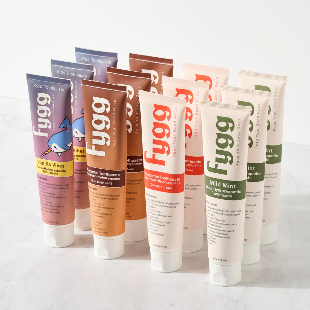 Fygg no-SLS formula closeup focusing on clean, gentle, microbiome-friendly toothpaste.