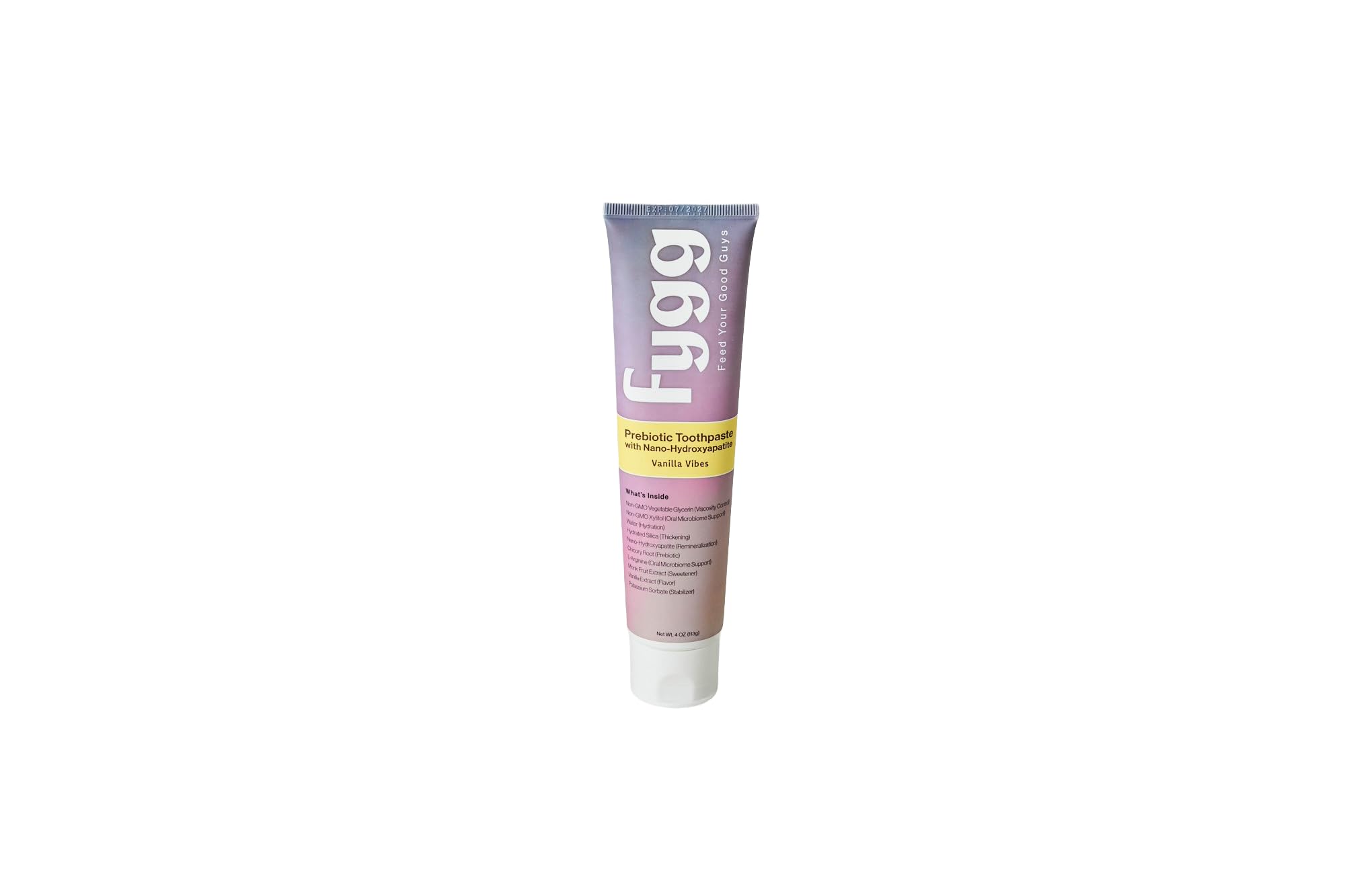 Fygg Vanilla Vibes toothpaste tube front view, fluoride-free daily care.