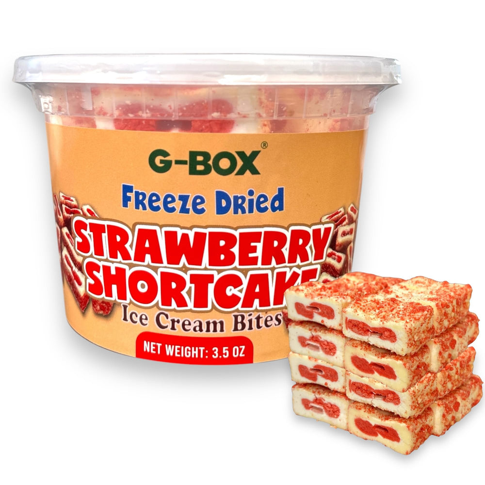 G-BOX freeze-dried ice cream bites closeup showing crunchy strawberry shortcake texture for outdoors.