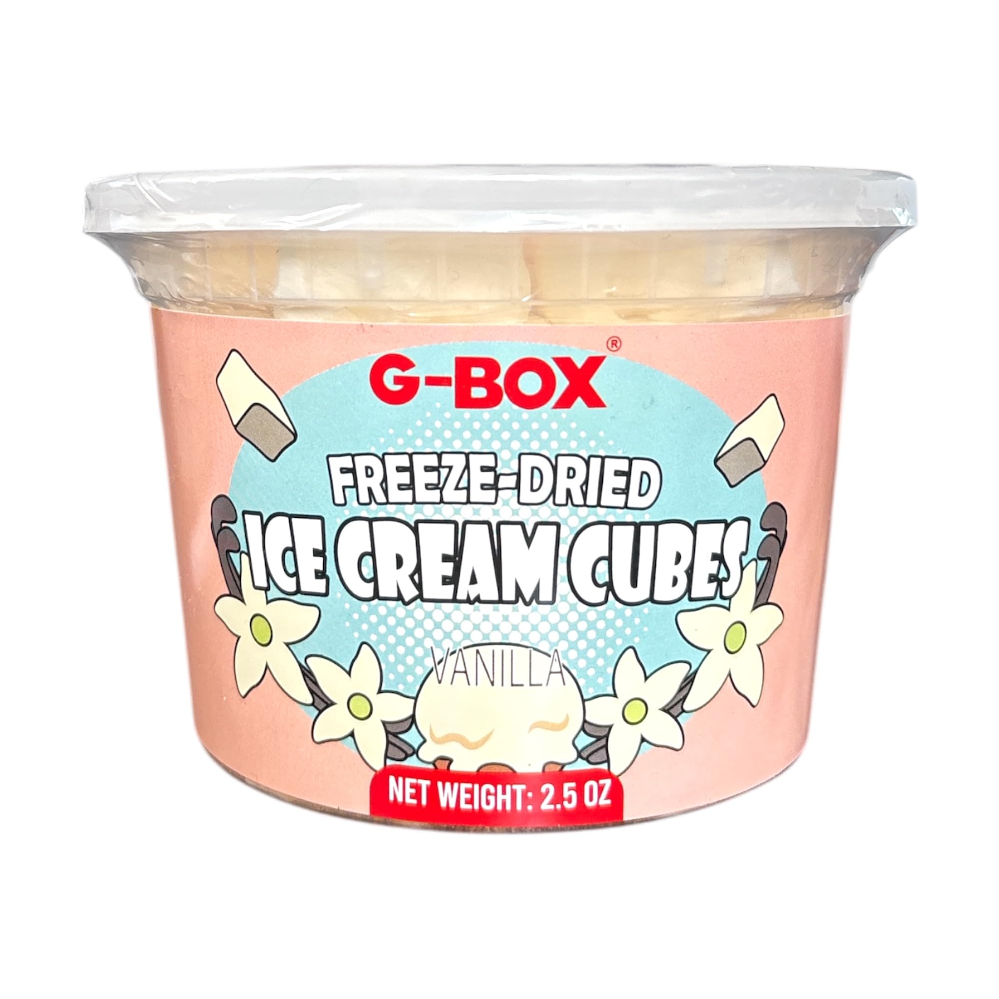 Melt-in-mouth texture of G-BOX ice cream cubes outdoors.